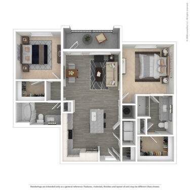 Rendering of the Pelican II floor plan with 2 bedroom[s] and 2 bathroom[s] at Amberleigh South