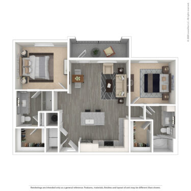 Rendering of the Pelican III floor plan with 2 bedroom[s] and 2 bathroom[s] at Amberleigh South