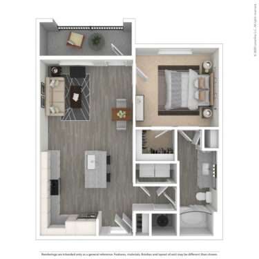 Rendering of the Heron II floor plan with 1 bedroom[s] and 1 bathroom[s] at Amberleigh South